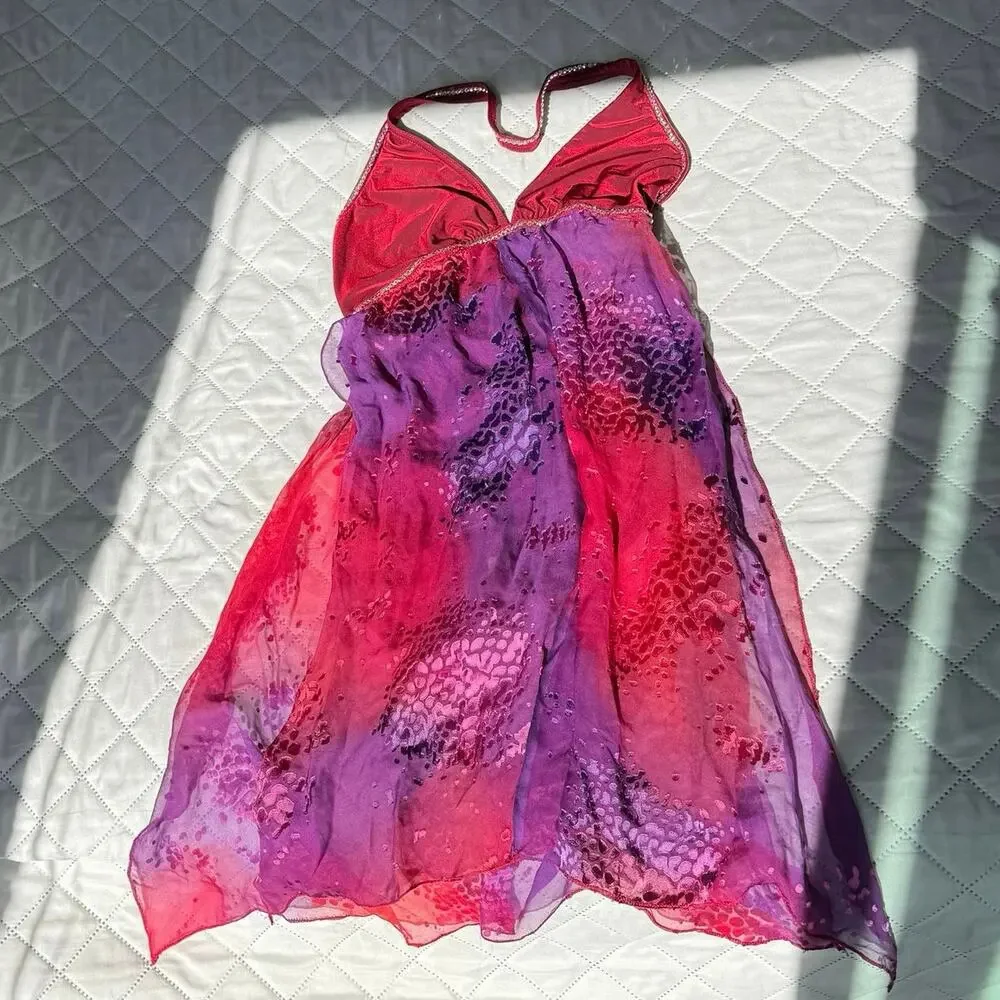 Mirella Lyrical Dance Costume Halter Leotard Chiffon Overlay Dress Adult M